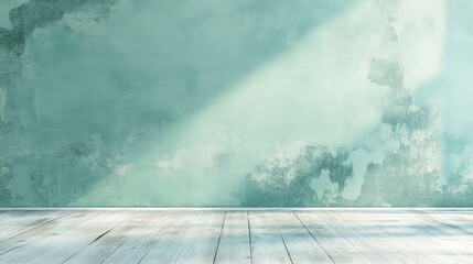 Poster - Textured green wall with wooden floor and natural light creating shadow Copy Space