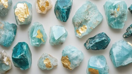 Poster - aesthetic arrangement of aquamarine gemstones with gold inclusions on a light background copy space