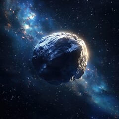 Poster - Asteroid in Deep Space Surrounded by Cosmic Nebula and Stars with Copy Space for Text