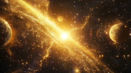 Poster - Golden Cosmic Nebula with Surrounding Planets and Bright Light Source in Space, High Detail, Deep Space Imagery, Copy Space
