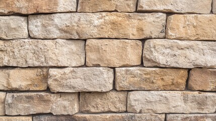 Poster - Textured stone wall with rectangular blocks in various shades of beige and brown featuring Copy Space for design purposes