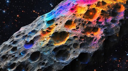 Poster - Colorful Asteroid Surface in Outer Space with Textured Craters and Stars in the Background Copy Space
