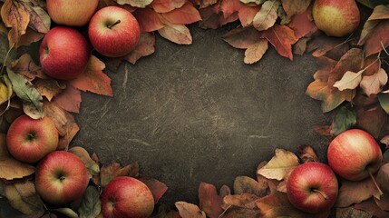 Poster - Red apples surrounded by colorful autumn leaves on a textured dark background with ample Copy Space for text placement