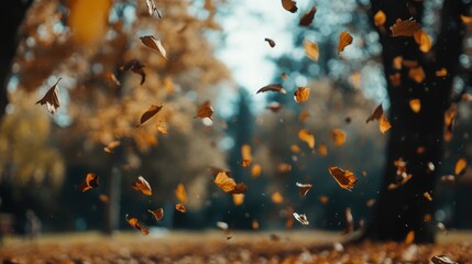 Poster - Autumn leaves falling in sunlight with blurred trees in background Copy Space