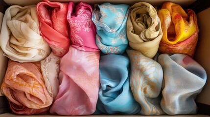Poster - Colorful silk scarves neatly organized in a box displaying various patterns and textures with Copy Space for added text.