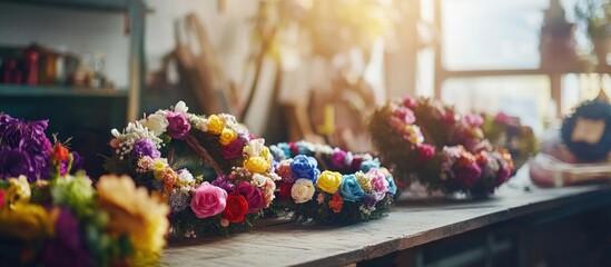 Poster - Colorful floral wreaths displayed on a wooden table in a bright and airy workshop with natural light Copy Space
