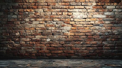 Poster - Textured brick wall background with uneven lighting and shadows on the floor Copy Space