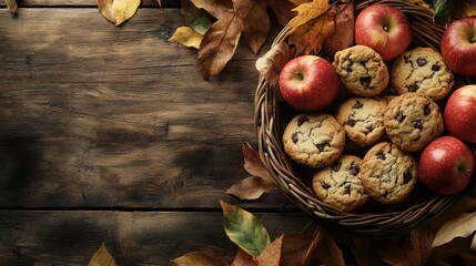 Poster - Autumn still life with red apples and chocolate chip cookies in a wicker basket surrounded by colorful dried leaves and wooden background with Copy Space