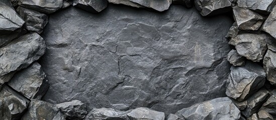 Poster - Textured dark gray slate rock surface framed by rough stone edges with ample copy space for text placement