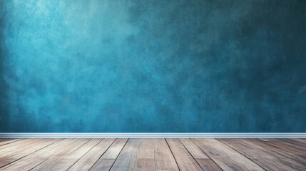 Poster - Empty blue textured wall with wooden floor and copy space for text or graphics.