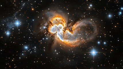 Poster - Stunning cosmic nebula with vibrant colors and star formations in a dark starry background Copy Space