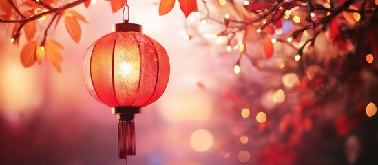 Poster - chinese lantern hanging amidst autumn leaves with bokeh lights in the background copy space