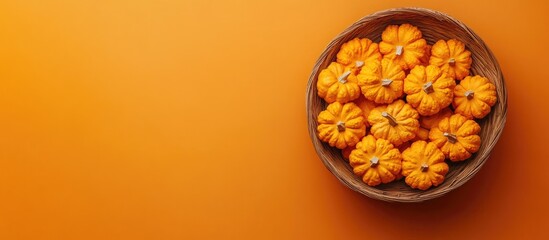 Poster - Bowl of decorative orange pumpkins on a vibrant orange background with copy space for text placement