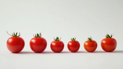 Poster - Fresh red tomatoes in varying sizes arranged in a line on a soft background with Copy Space for text placement.