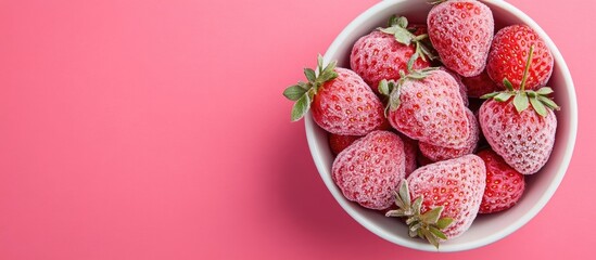 Poster - Fresh strawberries in a white bowl on a pink background with Copy Space for text placement