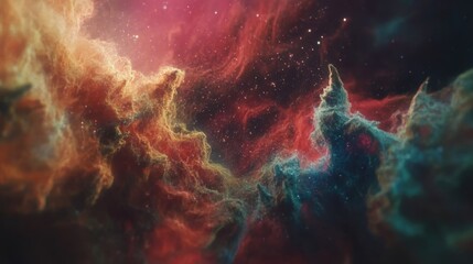 Poster - Colorful cosmic nebula with swirling clouds and stars in deep space perfect for science and astronomy themes Copy Space