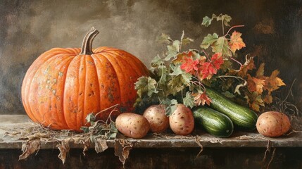 Poster - Still life composition featuring a large pumpkin, potatoes, zucchinis, and autumn leaves on a wooden table against a dark background with Copy Space.