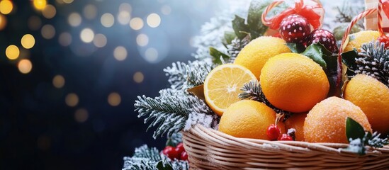 Poster - Fresh oranges in a festive basket surrounded by winter foliage and decorations with bokeh lights Copy Space