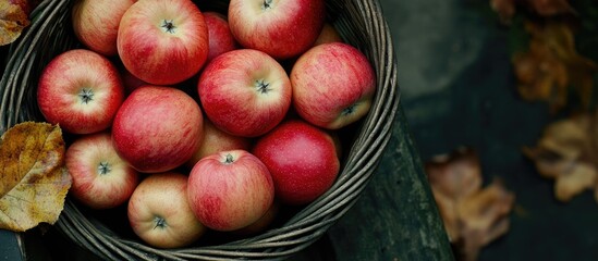 Poster - Fresh red apples in a woven basket with autumn leaves on a dark surface Copy Space