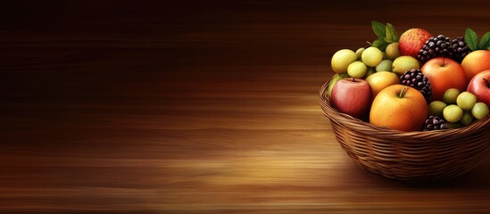 Poster - Bowl of assorted fruits including apples grapes oranges and green grapes on a wooden background with Copy Space
