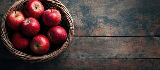 Poster - Red apples in a woven basket on a rustic wooden table with Copy Space for text placement