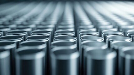 Poster - Close-up of metallic cylindrical objects arranged in a grid pattern with depth of field Copy Space for text placement