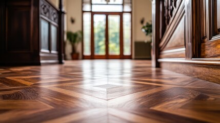 Poster - Wooden parquet floor in a classic interior with sunlight filtering through large windows and plants in the background Copy Space