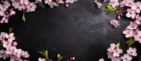 Poster - Pink cherry blossom flowers frame on a textured dark background with green leaves Copy Space
