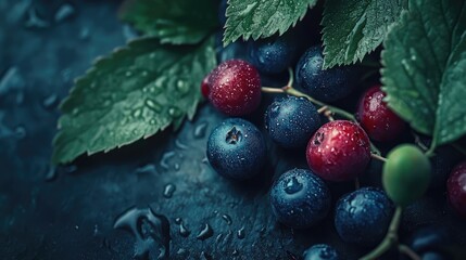 Poster - Fresh assorted berries with water droplets on dark stone surface with green leaves and ample copy space.