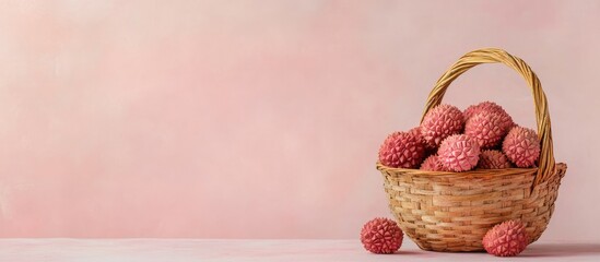 Poster - Ripe lychee fruits in wicker basket on soft pink background with copy space for text or advertising