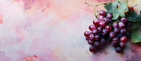 Poster - Freshly harvested red grapes with green leaves on textured pastel background with ample copy space for text insertion.