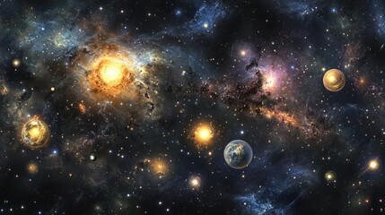 Poster - Cosmic galaxy scene with stars planets and nebulae in deep space Copy Space