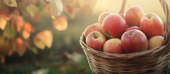 Poster - Basket of fresh red apples surrounded by autumn foliage with sunlight in the background and Copy Space.