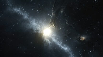 Poster - Abstract cosmic spiral galaxy with bright central light and starry background featuring dark nebulae Copy Space