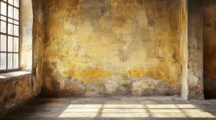 Poster - Empty interior of an old room with weathered walls and large window providing natural light Copy Space