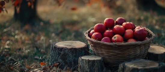 Poster - Basket of fresh red apples placed on wooden tree stumps in an autumnal outdoor setting with blurred background and Copy Space