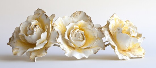 Poster - Three white ceramic roses with yellow accents displayed on a light background with Copy Space for text placement.