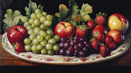 Poster - Still life arrangement of red and green apples, grapes, and strawberries on a decorative platter with leaves Copy Space