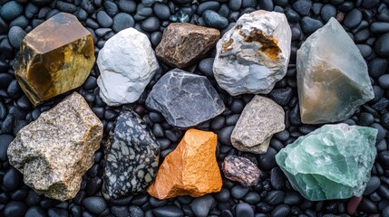 Poster - Colorful variety of natural stones and rocks arranged on a bed of black pebbles with Copy Space for text
