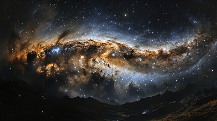 Poster - Panoramic view of a bright galaxy in outer space with star clusters and cosmic dust against a dark background Copy Space