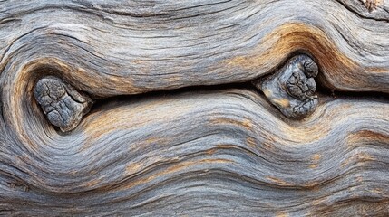 Poster - Close-up texture of weathered wooden log with twisting grains and knots suitable for natural backgrounds Copy Space