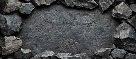 Poster - Textured dark stone background with jagged rocks framing a central copy space for design elements or text placement.