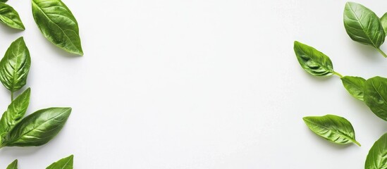 Poster - Green leaves arranged on a white background with copy space for text placement