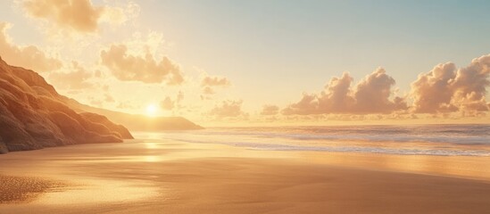 Poster - Sunset over a tranquil beach with gentle waves and clouds reflecting warm light Copy Space