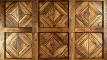 Poster - Intricately designed wooden wall panels with geometric patterns and natural wood textures Copy Space available