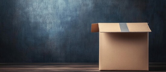 Poster - Cardboard box on wooden floor in front of dark textured wall with Copy Space for product or text placement