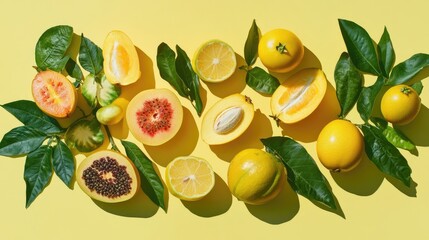Poster - Colorful arrangement of assorted tropical fruits on yellow background with green leaves and copy space.