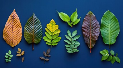 Poster - Diverse assortment of leaves showcasing various shapes and colors arranged on a dark blue background with ample Copy Space