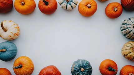 Poster - Colorful assortment of pumpkins and gourds arranged in a circular pattern on a neutral background with ample copy space.