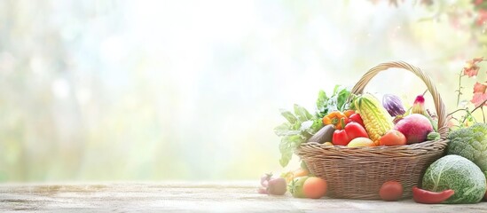 Poster - Fresh organic assorted vegetables and fruits in a wicker basket with blurred natural background Copy Space